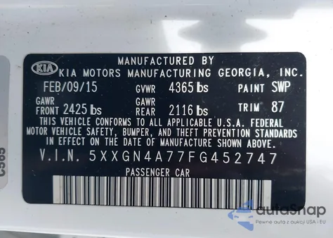 2015 Kia Optima Ex z USA, uszkodzony, nr VIN 5XXGN4A77FG452747